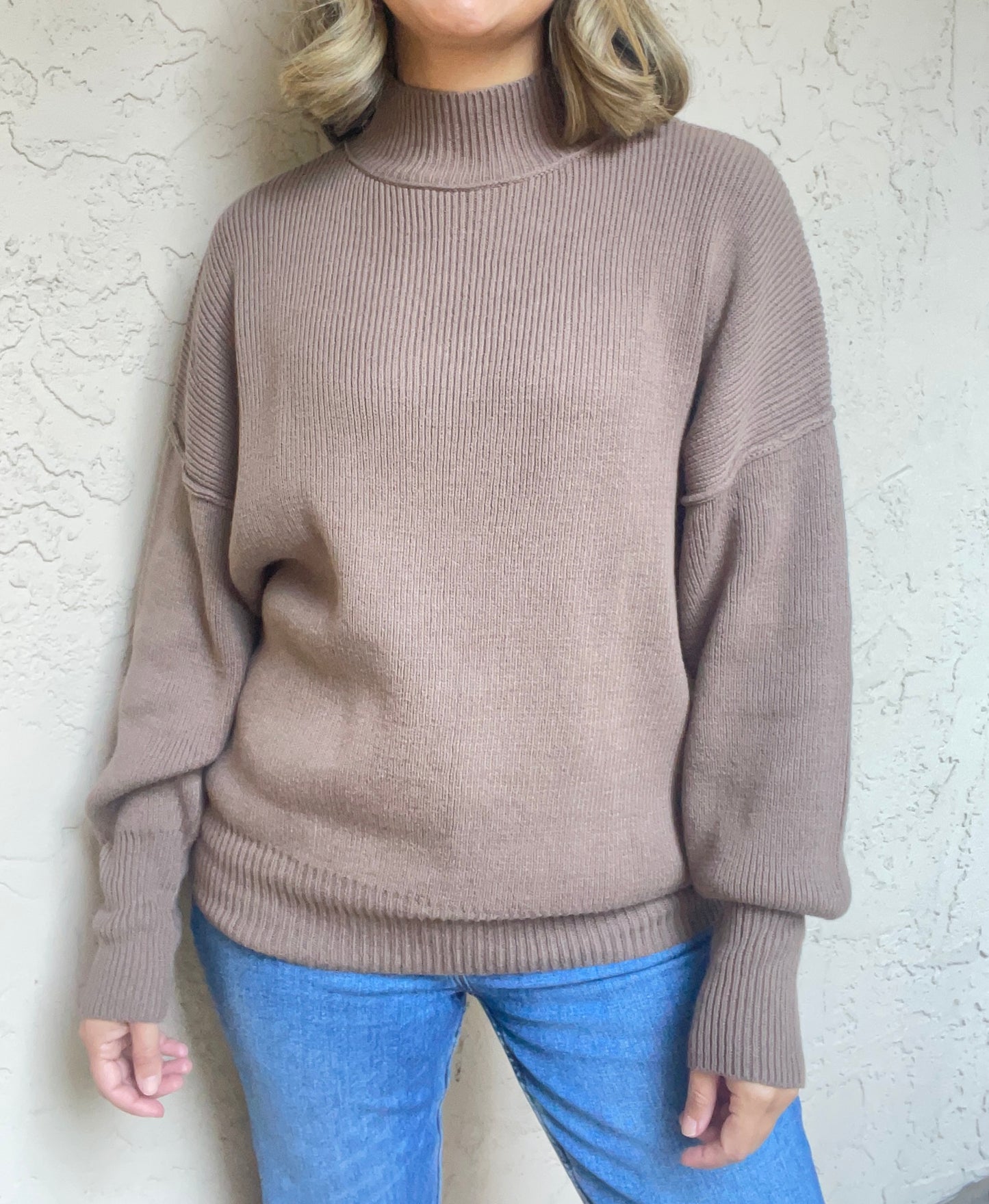 Mock Neck Ribbed Sweater - Mocha