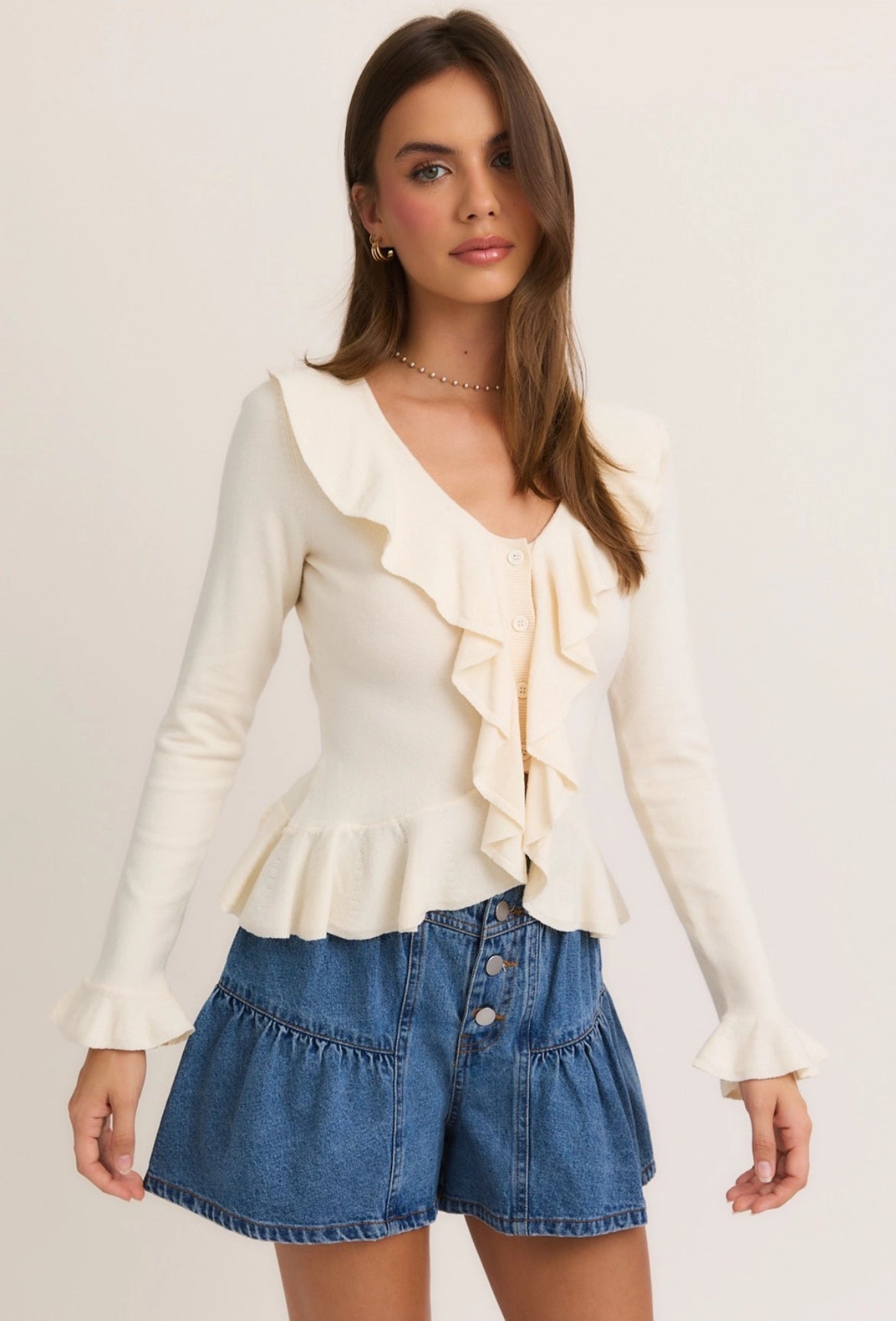 Long Sleeve V-Neck Ruffled Sweater