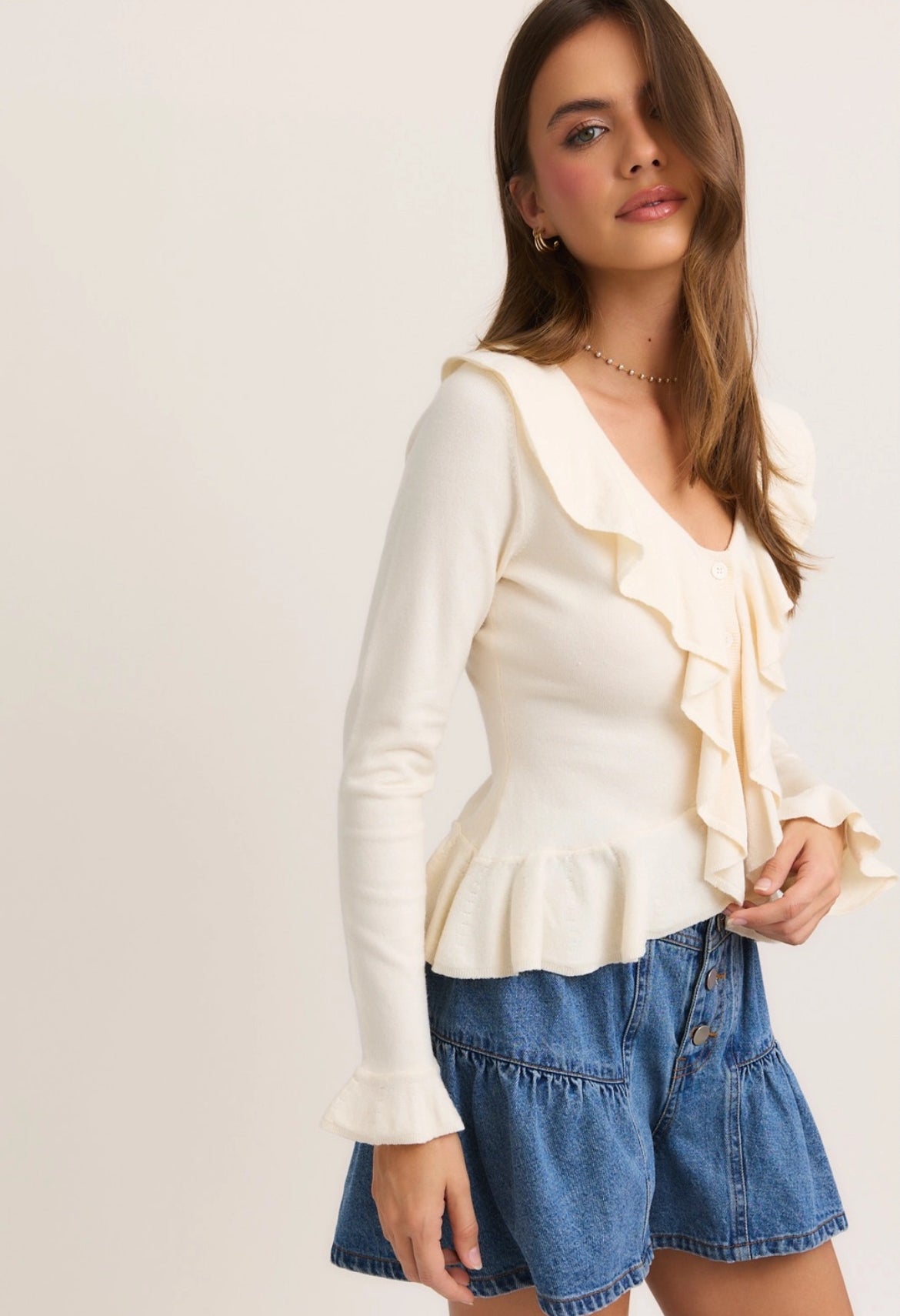 Long Sleeve V-Neck Ruffled Sweater