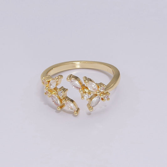 (Out of Stock) Leaf Green Gold Clear Style Ring with Cubic Zirconia Nature Ring Dainty Clear Cz Adjustable Ring